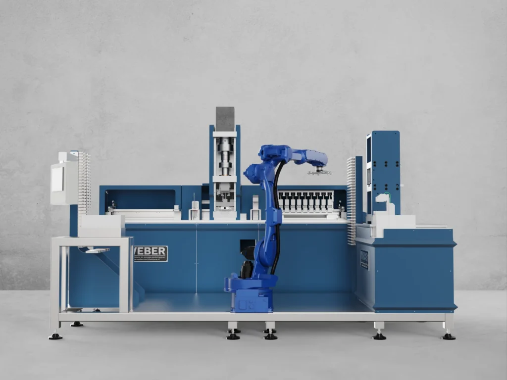 Hole expansion testmachine volgens ISO 16630, met robotbelading en automatische toolselectie op basis van diktemeting van de testplaat (Keyence-meetapparatuur). De machine is standaard uitgerust met 12 stuks tooling (ponsbeugels).